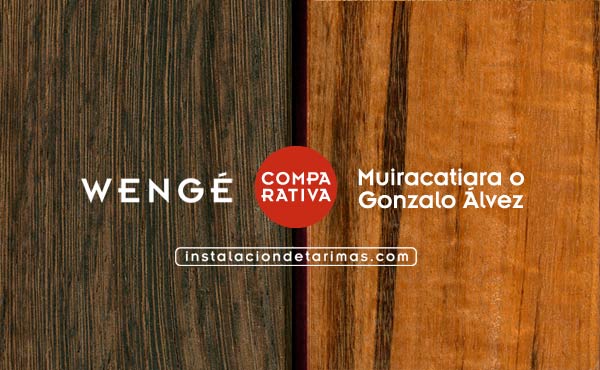 Foto comparativa muiracatiara versus wengé con el texto identificando cada madera