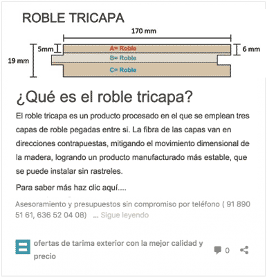 Imagen con texto sobre tarima tricapa de roble que es un enlace a un post o artículo