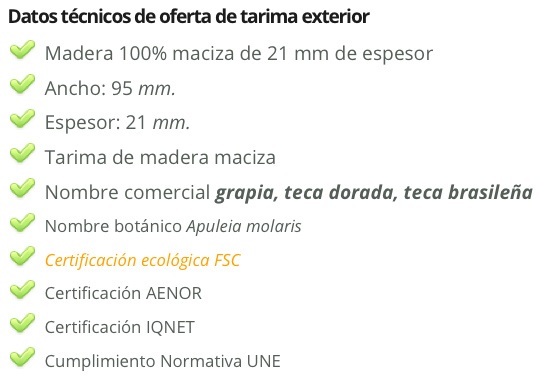 captura de pantalla con los datos técnicos que cumple la tarima de teca