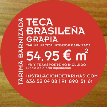 foto con tarima de fondo y una etiqueta roja con el texto: oferta de tarima barnizada de teca y precio