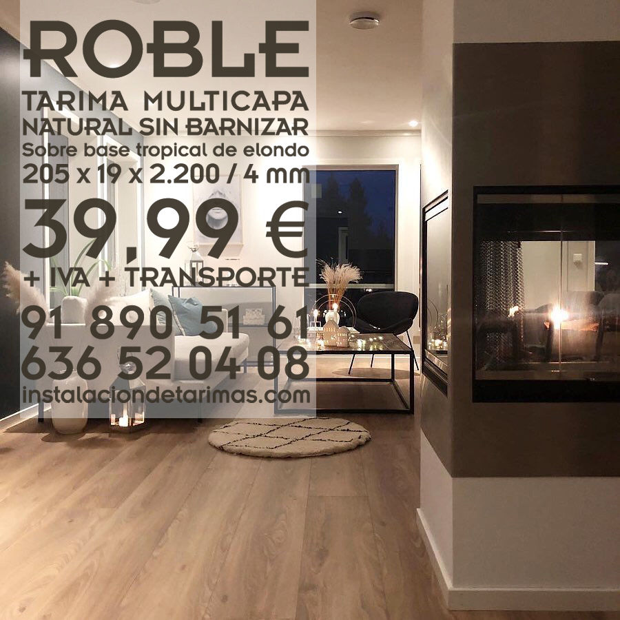 Tarima multicapa de roble en un salón con texto con precios