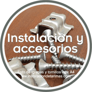 foto de suelo de ipé con grapas y tornillos de acero inox A4 con el texto instalación y accesorios