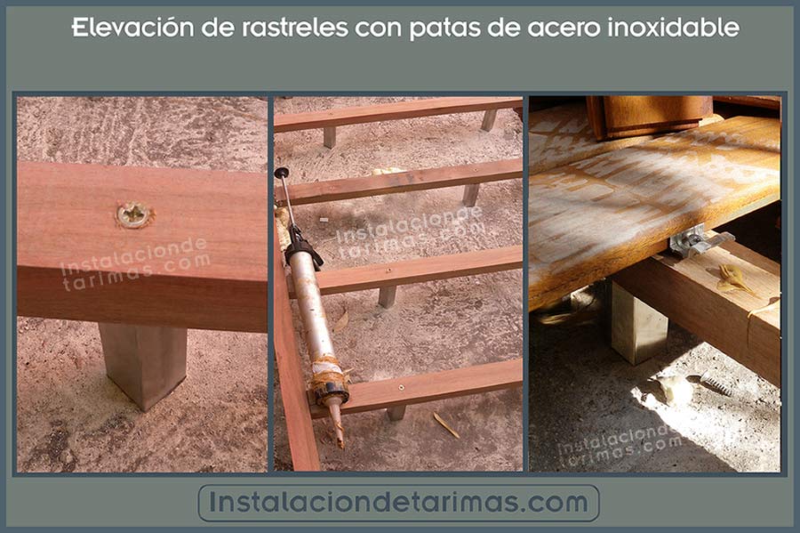 tres fotos con texto explicando la instalación de los rastreles elevados con patas de acero inoxidable