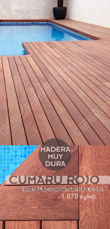 Foto composición de cumarú rojo de cerca y de lejos con texto con densidad 1.070 kg/m3