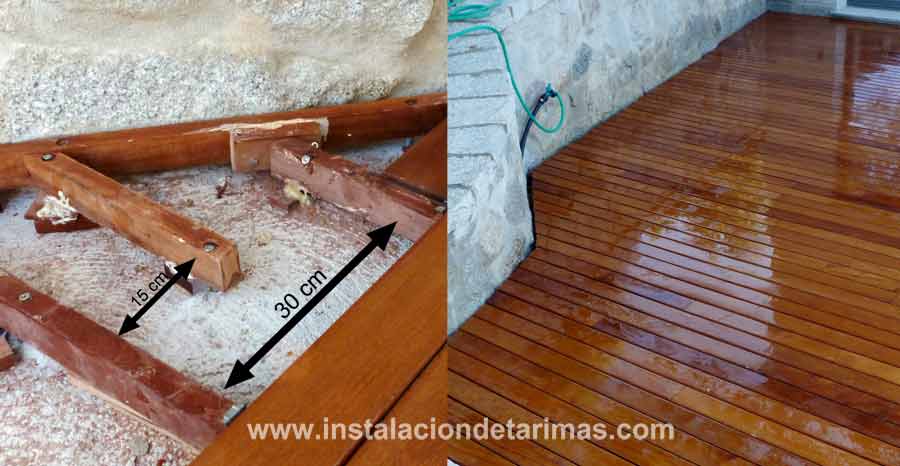 Dos fotos donde se observa como se instala el rastrel tropical para mantener la calidad de la instalación exterior y el resultado final