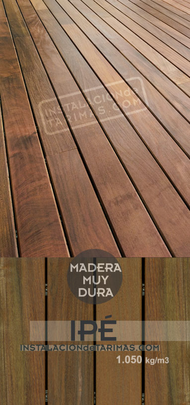 Fotocomposición de tarima exterior de ipé del brasil, de cerca y en perspectiva, con texto con densidad