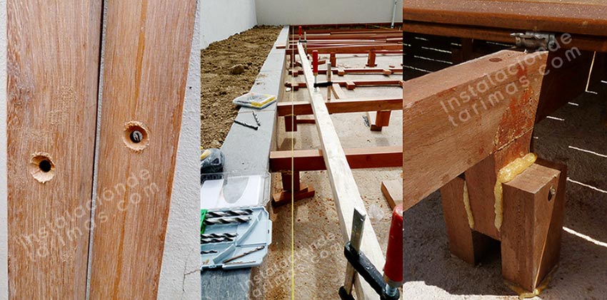 tres fotos mostrando la instalación de los rastreles