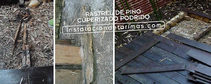 Fotos de rastreles de pino cuperizado podridos que ha durado 5 años, un mal ejemplo de calidad de instalación exterior