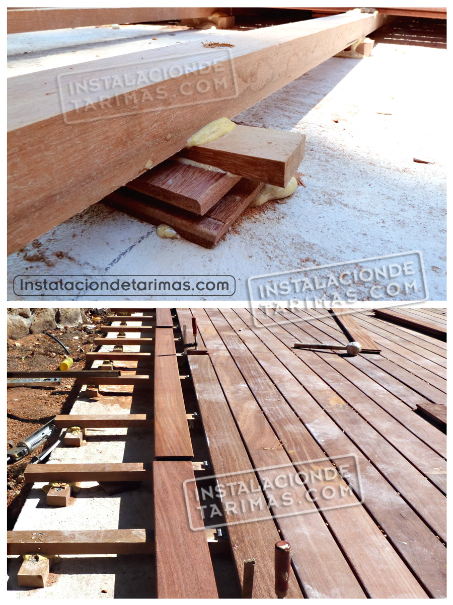 fotocomposición de Instalación del rastrel simple en paralelo, elevado con cuñas